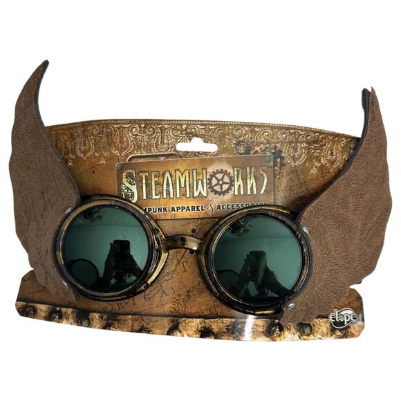 Steamworks Steampunk Steam Punk Bronze Wing Gold Motorcycle Goggles Green Lens - Picture 1 of 2